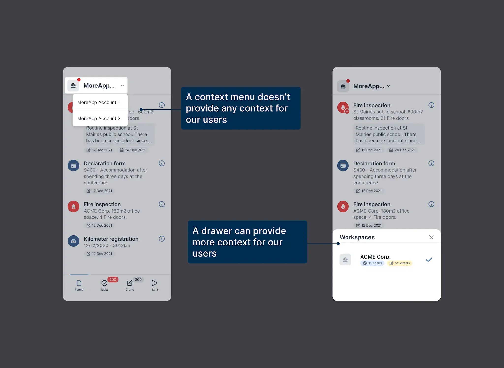 Iterating on context menu's and drawers