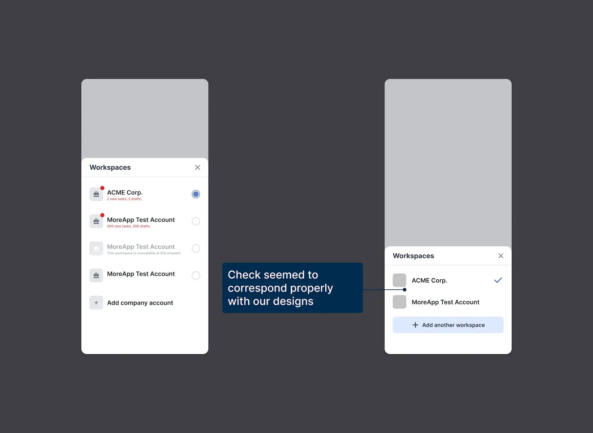 Iterating on selecting a workspace within the drawer